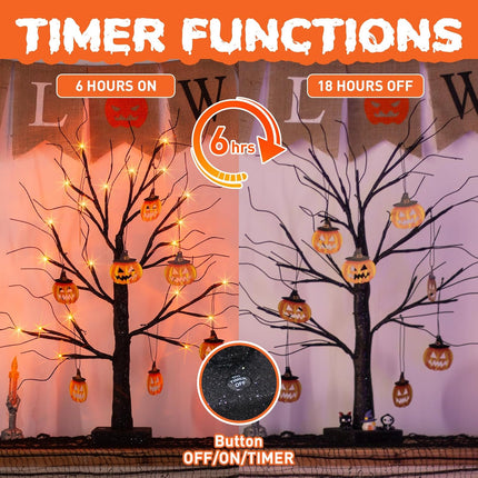 EAMBRITE Halloween Tree, 2FT Black Spooky Tree with 24 LED Orange Lights 8 Pumpkin, Battery Operated Small Tabletop Black Tree with Timer for Indoor Centerpiece Decorations Christmas Home Fireplace