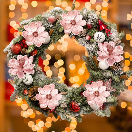 20 Pcs Christmas Glitter Poinsettia Magnolia Flowers Ornaments Large Heads Artificial Magnolia Flowers for Christmas Tree Xmas Wreath Holiday Wedding Decor (Pink)
