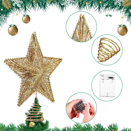 Christmas Tree Topper Star- Glitter Star Tree Topper Lighted with LED Wire Christmas Tree Decorations Christmas Tree Ornament Xmas Party Decoration (12 Inch,Golden)