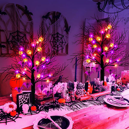 2 Pack 24 Inch Black Halloween Tree Lights, 24 LED Light Up Spooky Tree with Orange & Purple Pumpkin Bat Lights Battery Operated Tabletop Halloween Tree with Timer for Halloween Decorations