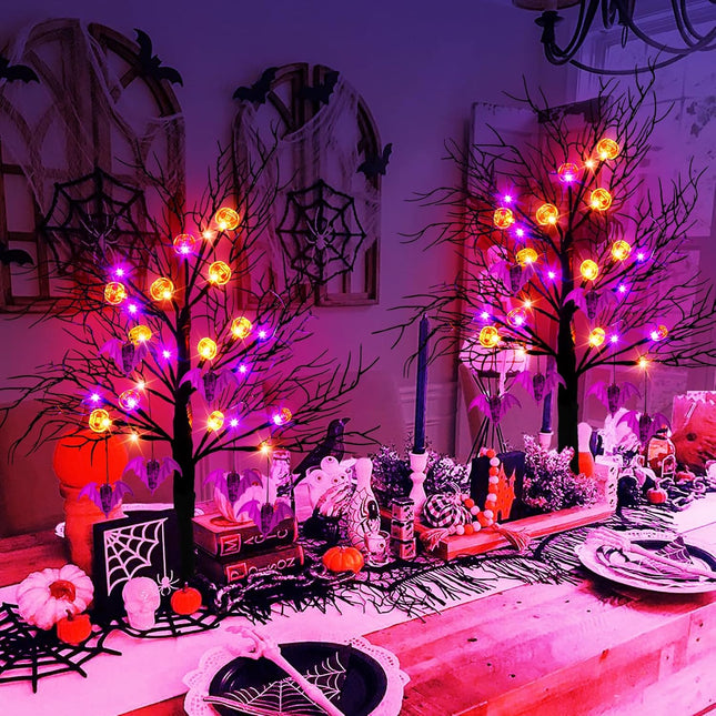 2 Pack 24 Inch Black Halloween Tree Lights, 24 LED Light Up Spooky Tree with Orange & Purple Pumpkin Bat Lights Battery Operated Tabletop Halloween Tree with Timer for Halloween Decorations