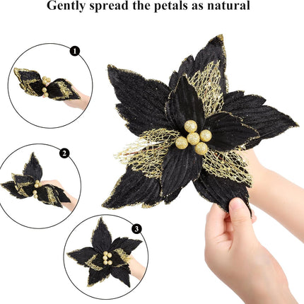 SHACOS 10 pcs 7.8" Artificial Black Gold Christmas Poinsettia Flowers Clips on Glittery Velvet Floral Picks Christmas Tree Ornaments Wreath Garland Decoration