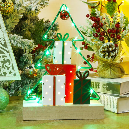 Lulu Home Christmas Tabletop Decoration, Wooden Pre-lit Christmas Tree Ornament with Green Metal Frame, Battery Operated LED Light Up Holiday Sign for Indoor Mantel Shelf Decor