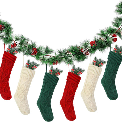 Shappy 6 Pc 18" Christmas Stockings with Artificial Pine Branches Garland 6.56 Ft Knit Christmas Stocking with Red Berries Pine Cones for Family Home Xmas Party Decorations