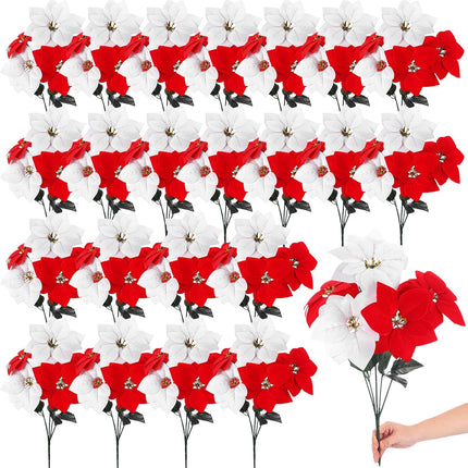 Riceshoot 18 Pcs Christmas Artificial Poinsettia Bushes 18 Inch Faux 5 Heads Poinsettia Bush Bouquets Velvet Artificial Christmas Flowers for Xmas Tree Home Indoor Outdoor Decorations (Red, White)
