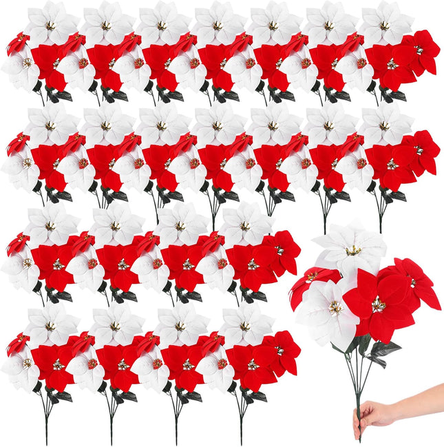 Riceshoot 18 Pcs Christmas Artificial Poinsettia Bushes 18 Inch Faux 5 Heads Poinsettia Bush Bouquets Velvet Artificial Christmas Flowers for Xmas Tree Home Indoor Outdoor Decorations (Red, White)