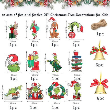 Christmas Tree Decorations Grinchs for Kids - 12 Sets Christmas Wooden Hanging Ornaments with Bells & Bows for Indoor Home Party Decor