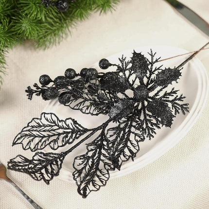 24CT 3 Styles Glitter Artificial Ilex Berry Branch&Holly Leaf Christmas Decorations, Fake Berries Stems Ornaments for Tree/Garland/Wreath, Faux Xmas Decor Indoor&Outdoor, Black