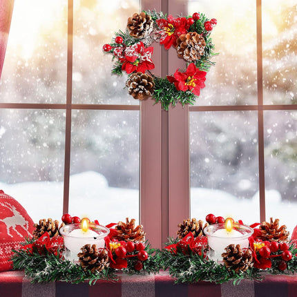 4 Pcs 7 Inch Christmas Poinsettia Candle Holder Red Berries Snowy Pine Needles Candle Rings Xmas Wreath Candle Holder Centerpiece with 4 Pcs Candle Holders Glass for Xmas Home Party Table Decor