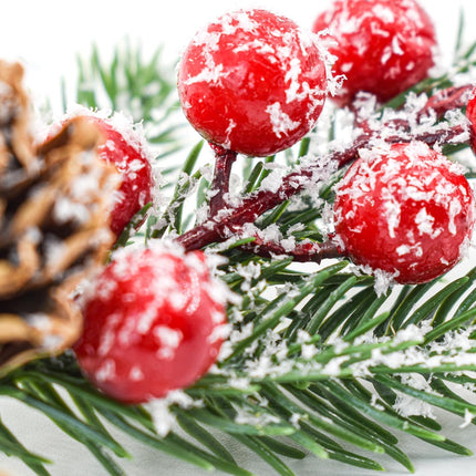12PCS Christmas Berries Pine Cones Artificial Tree Picks Christmas Decorations with Snow Covered Evergreen Pine Branches for Holiday Family Gathering Craft Wrap Decor