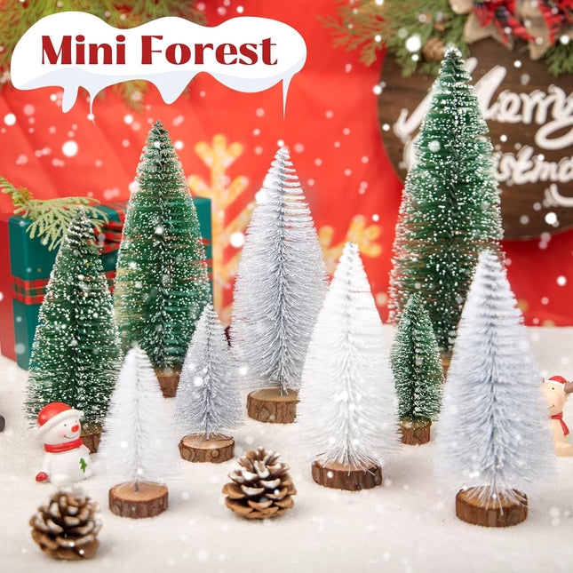 9Pcs Mini Christmas Tree, Bottle Brush Christmas Trees Wooden Base Table Decor with 4 Sizes, Artificial Tabletop Christmas Tree Indoor Village Decor Xmas Decorations(Green+Sliver+White)
