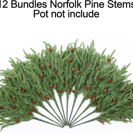 Artificial Christmas Norfolk Pine Stems Branches for Vases,12 Bundles Fake Faux Evergreen Green Real Feel Touch Stem Greenery with Pine Cones for Xmas Holiday Winter Table Indoor Decoration