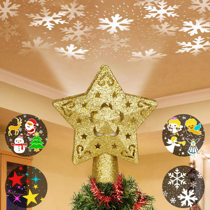 Christmas Tree Topper Lighted with 4 Projected Patterns, Christmas Tree Topper Star Projector Build-in LED Rotating Lights, 3D Glitter Gold Star for Xmas Party Holiday Decoration (Star)