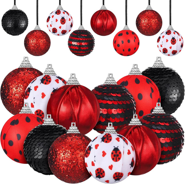 Liliful 12 Pcs Ladybug Ball Ornaments Christmas Tree Hanging Ornaments Shiny Sequin Red Black Ball Ornament Cloth Xmas Decorations for Home Pendant Baubles for Door DIY Wreath Garland Craft 1.97''