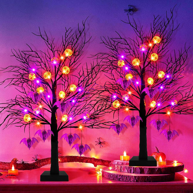2 Pack 24 Inch Black Halloween Tree Lights, 24 LED Light Up Spooky Tree with Orange & Purple Pumpkin Bat Lights Battery Operated Tabletop Halloween Tree with Timer for Halloween Decorations