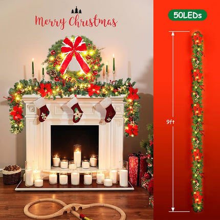 Quntis 9FT Poinsettia Christmas Garland with Lights, Garland Christmas Decorations with Pine Cones, Berry Clusters, 8 Mode Timer Artificial Xmas Garland for Mantle Door Fireplace Window Stairs Holiday