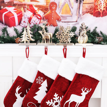 Elk Tree Snowflake Snowman Stocking Holder for Mantle Set of 4,Stocking Holders for Firepiece ,Christmas Stocking Hanger for Fireplace Topper, Decorative Hooks for Stockings (Bronze )