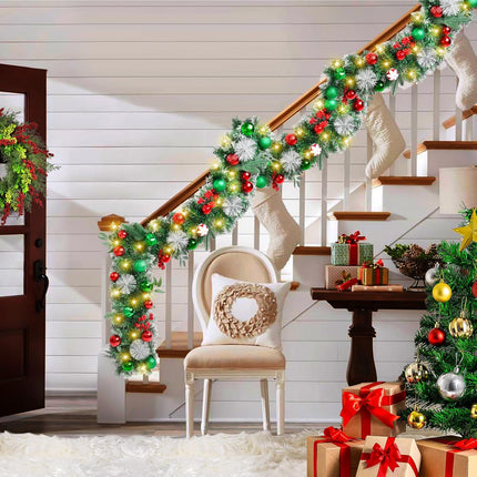 Beinhome Christmas Garland with Lights, 9 FT Pre-Lit Christmas Garland with Red Green Glitter Matte Ball Decorations for Home Front Door Stairs Table Centerpiece Fireplace Xmas Holiday Festival Decor