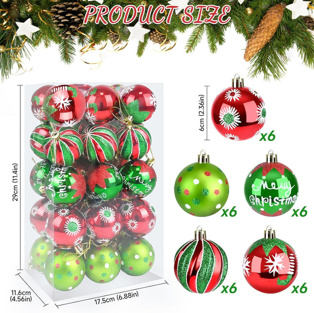 Christmas Ornaments Balls - 30 Pcs 2.4 Inch Shatterproof Plastic Christmas Balls Sets, Red & Green Small Christmas Tree Balls Hanging Ornaments for Holiday Wreath Party Christmas Tree Decor (A)