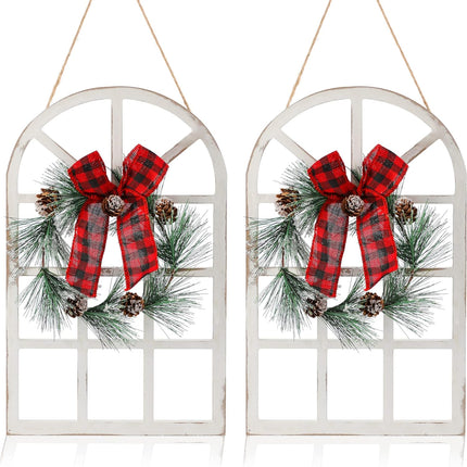 LIGHTURE Wood Christmas Holiday Wall Hanging Indoor Outdoor Decorations Rustic Christmas Window Plaque Signs Wooden Arch with Wreath Christmas Home Party (Red-Black)