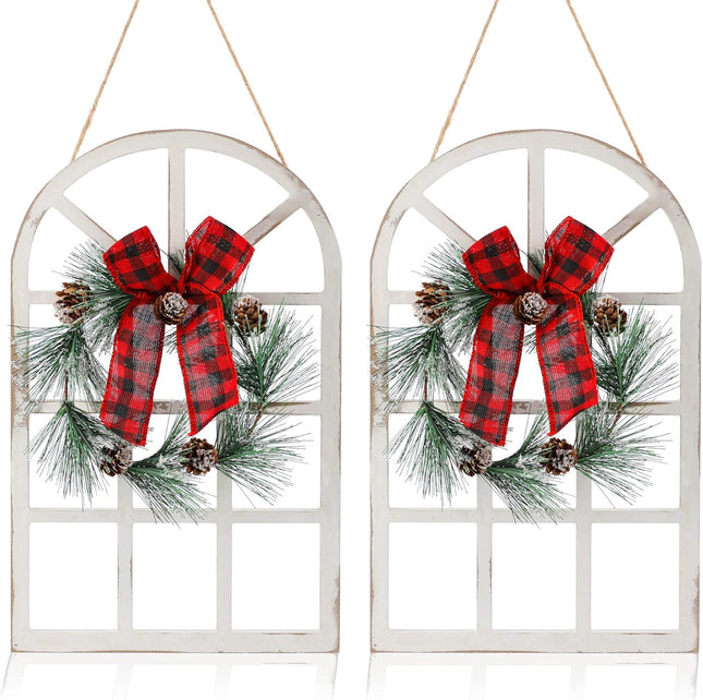 LIGHTURE Wood Christmas Holiday Wall Hanging Indoor Outdoor Decorations Rustic Christmas Window Plaque Signs Wooden Arch with Wreath Christmas Home Party (Red-Black)