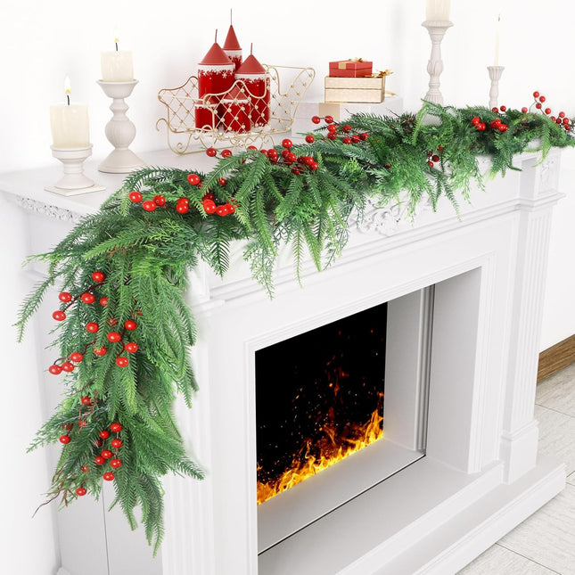 Norfolk Pine Garlands with Red Berries, 6Ft Artificial Soft Christmas Pine Cypress Garland, Green Real Touch Greenery Garland for Table, Mantle, Staires Railing, Indoor/Outdoor Christmas Decorations.