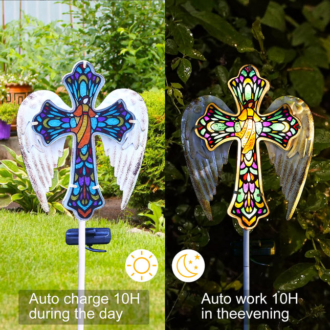 YJFWAL Solar Glass Cross Garden Stake Light, Cemetery Decorations for Grave Outdoor Lights, Jesus Cross Angel Wings Sympathy Memorial s, for Halloween Christmas Garden Lawn Yard Patio Decor