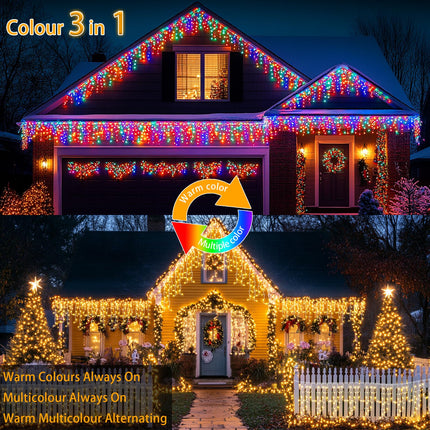 Solar Icicle Lights Christmas Decorations 60+16Ft 600 LED Christmas Lights Outdoor Waterproof 2400mAH Connectable Rechargeable Dimmable Remote 8 Modes Twinkle Curtain Light for Halloween Balcony Patio
