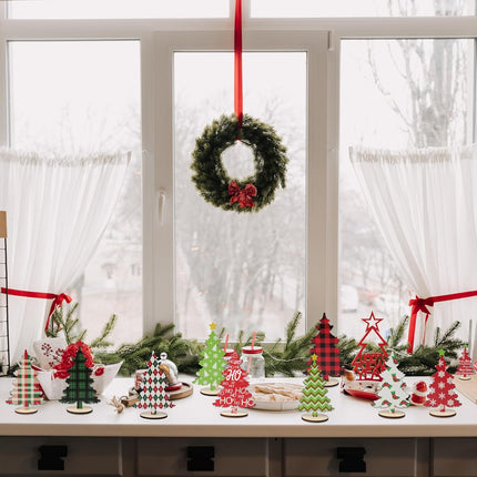 10 Pack Wooden Christmas Tree Tabletop Decorations, 7 Inch 6 Inch Red and Green Plaid Xmas Tree Table Centerpieces Farmhouse Rustic Christmas Decor for Home Shelf Tiered Tray Decor