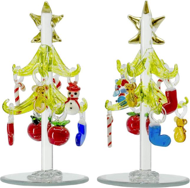 Red Co. 5.5" Glass Christmas Tree Tabletop Display Decoration with Assorted Glass Ornaments, Holiday Season Decor, Set of 2