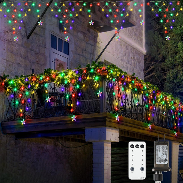 Christmas Net Lights,13.5ft 196 LED Waterproof Outdoor Christmas Decorations,8 Modes LED Net Lights with Remote,Dimmable Mesh Lights with 11 Stars for Outside Fence Christmas (Multi-Colored)