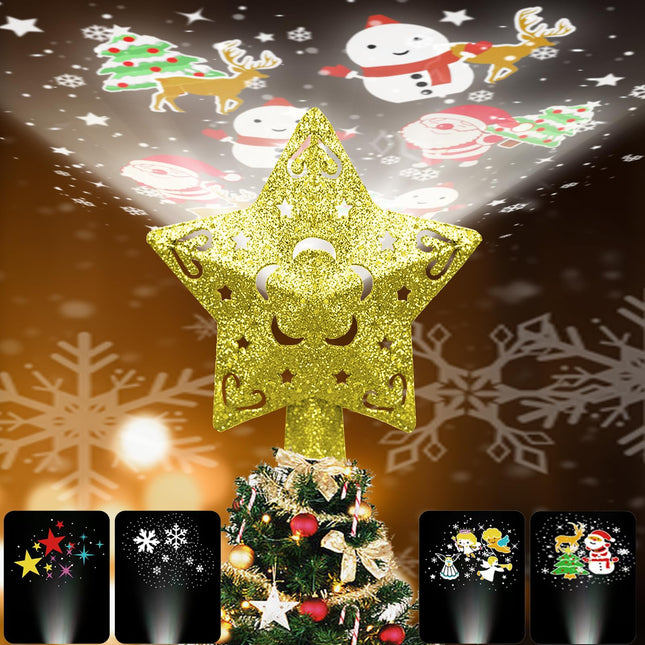 Christmas Tree Topper with 4 Projected Patterns,Gold Star Built-in LED 3D Rotating Projection Light,Xmas Tree Decoration for Courtyard Year Holiday Home Party