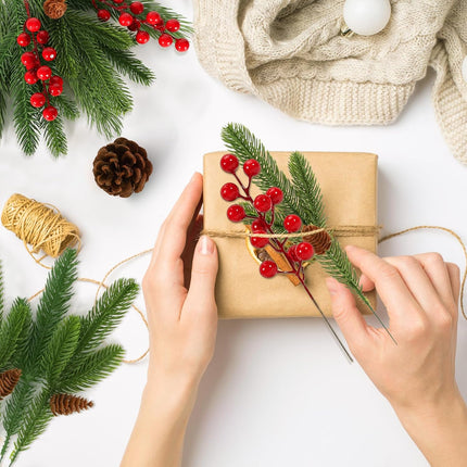 70 Pcs Christmas Artificial Pine Branches and Red Holly Berries,Christmas Faux Greenery Picks Fake Cedar Pine Needles for DIY Wreath Garland Home Decoration