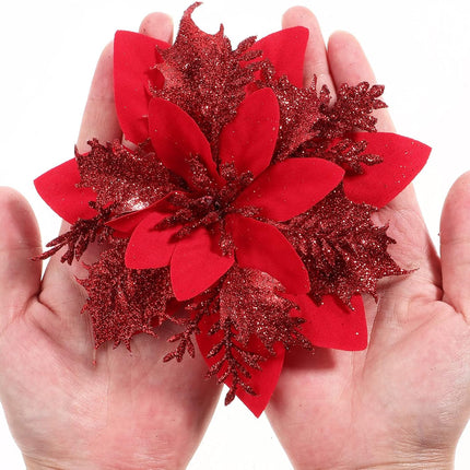 NUOBESTY 12Pcs Christmas Glitter Poinsettia Artificial Flowers, Christmas Wreath Christmas Tree Flowers Ornaments with Clips and Stems for Xmas Wedding Party Wreath (Red)