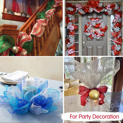 TONIFUL 4 Roll 10 Inch Red Striped Decorative Mesh Ribbon Rolls, Fabric Mesh with Foil for Wreaths Front Door Decor Christmas Festival Party Accessories Party Decoration Supplies (10yds/roll）
