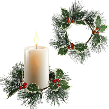 Christmas Candle Rings Set of 2, 4＂ Holly Leaf Candle Wreaths for Pillar and Taper Candles - Festive Candlesticks Centerpieces for Christmas, Wedding, Thanksgiving, Party, Dinner Table Decor