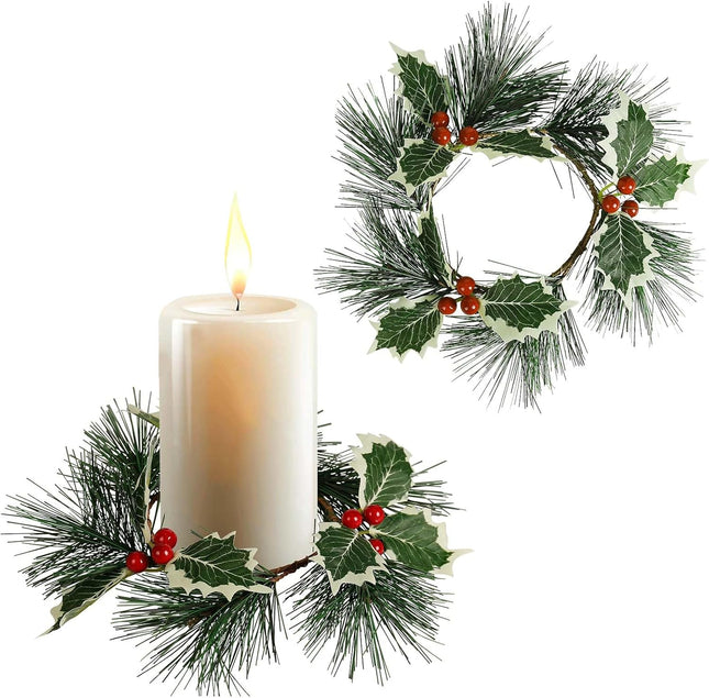 Christmas Candle Rings Set of 2, 4＂ Holly Leaf Candle Wreaths for Pillar and Taper Candles - Festive Candlesticks Centerpieces for Christmas, Wedding, Thanksgiving, Party, Dinner Table Decor