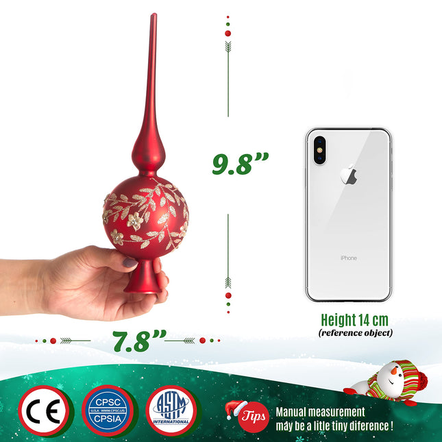 Glass Spherical Christmas Tree Topper Ornaments with Carved Flowers Holiday Indoor Suitable for Home Party Decoration, 9.8inches