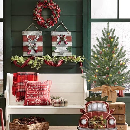 2 Ft prelit Tabletop Mini Christmas Tree with 50 LED,Small Frosted Lighted Artificial Pine Tree with Burlap Base,Pinecone Decoration,2 FT Miniature Farmhouse Xmas Tree Decor for Farmhouse Door