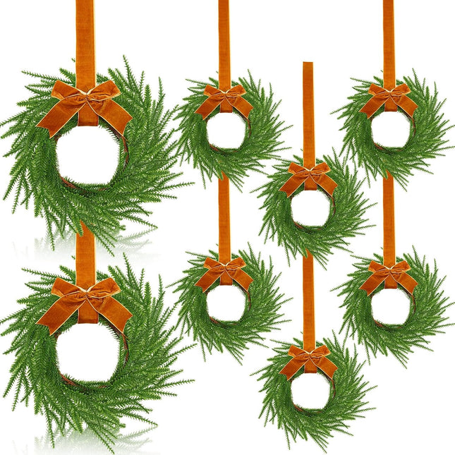 Dingion 8 Pcs Christmas Norfolk Pine Wreath Decoration Mini Christmas Kitchen Cabinet Wreaths with Brown Bow Ribbon Small Farmhouse Wreath Artificial Hanging Garlands for Xmas Porch Wall Window Decor