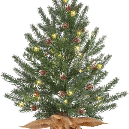 2 Ft prelit Tabletop Mini Christmas Tree with 50 LED,Small Frosted Lighted Artificial Pine Tree with Burlap Base,Pinecone Decoration,2 FT Miniature Farmhouse Xmas Tree Decor for Farmhouse Door