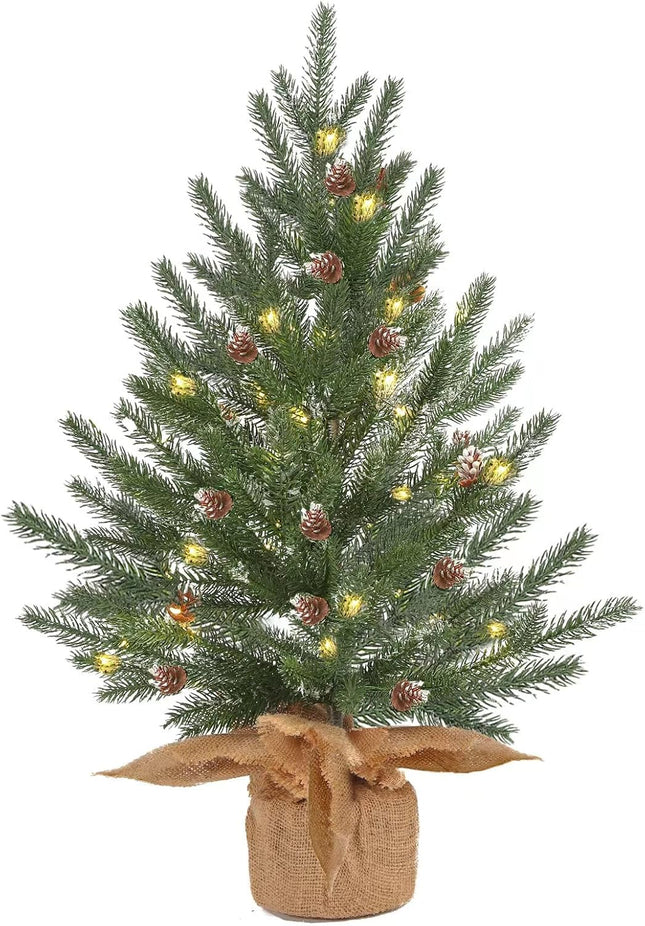 2 Ft prelit Tabletop Mini Christmas Tree with 50 LED,Small Frosted Lighted Artificial Pine Tree with Burlap Base,Pinecone Decoration,2 FT Miniature Farmhouse Xmas Tree Decor for Farmhouse Door