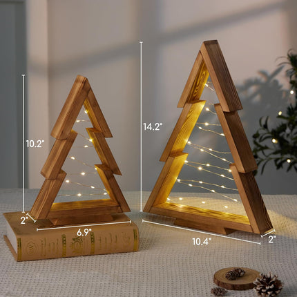 Christmas Decorations, Wooden Christmas Tree, Tabletop Christmas Tree with Lights, Small Lighted Christmas Trees Decor for Table Top Mantle Shelf, 2 Pack (Large 14.2" H & Small 10.2" H)