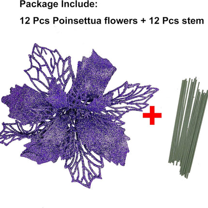 Zhenrui 12 pcs 6” Christmas Poinsettia Flower, Glitter Poinsettia Tree Ornaments, Purple Artificial Flower Decorating Wreath Garland, Great for Wedding Holiday and Home Decor, with Stems
