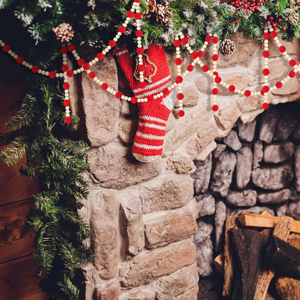 Barydat 144" Christmas Red Wool Felt Ball Garland with Wood Bead Pom Pom Garland, Felt Garland Pompom Garland Decor Christmas Garlands Christmas Tree Decoration for Wall Ceiling Door Home