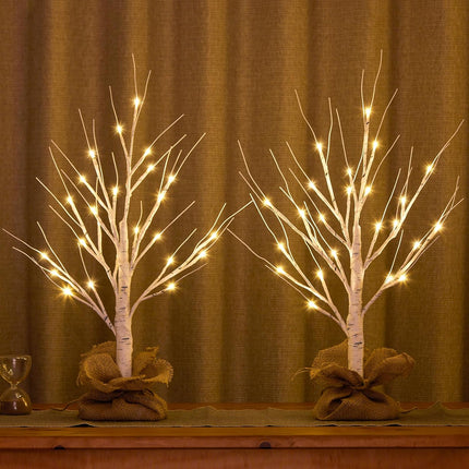 Lighted Birch Tree, 2pcs 24in Christmas Tabletop Tree, USB Rechargeable Base with Timer Function, Pre-Lit Artificial Mini Money Birch Tree for Home Centerpiece Fireplace Party Decor