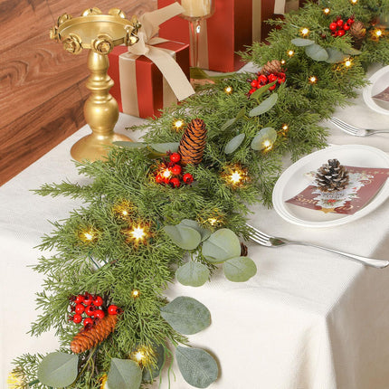 6FT Prelit Christmas Garland Decorations, Realistic Green Cypress Pine Garland with Lights Battery Operated for Mantle Stairs Railing Fireplace Table Indoor Xmas Decor, 6FT