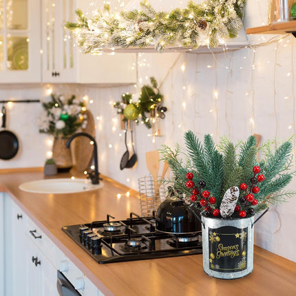 Winlyn 1 Pack Christmas Floral Arrangement Centerpieces Artificial Pine Needle Cedar Red Berry Pinecone in Galvanized Pots Small Potted Christmas Tree 12.4" Tall for Holiday Home Mantel Tabletop Décor