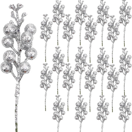 DIYASY Silvery Berry Stems for Christmas Tree Ornaments,20 Pcs 7.8 Inch Artificial Glitter Christmas Tree Picks,DIY Xmas Wreath, Holiday and Home Decoration