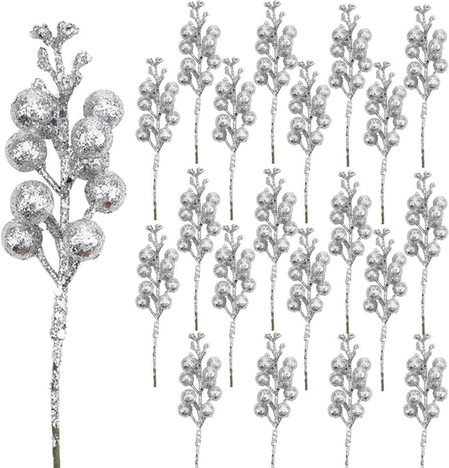 DIYASY Silvery Berry Stems for Christmas Tree Ornaments,20 Pcs 7.8 Inch Artificial Glitter Christmas Tree Picks,DIY Xmas Wreath, Holiday and Home Decoration